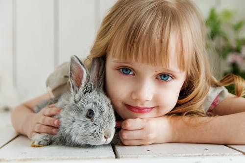 Girl and bunny on floor